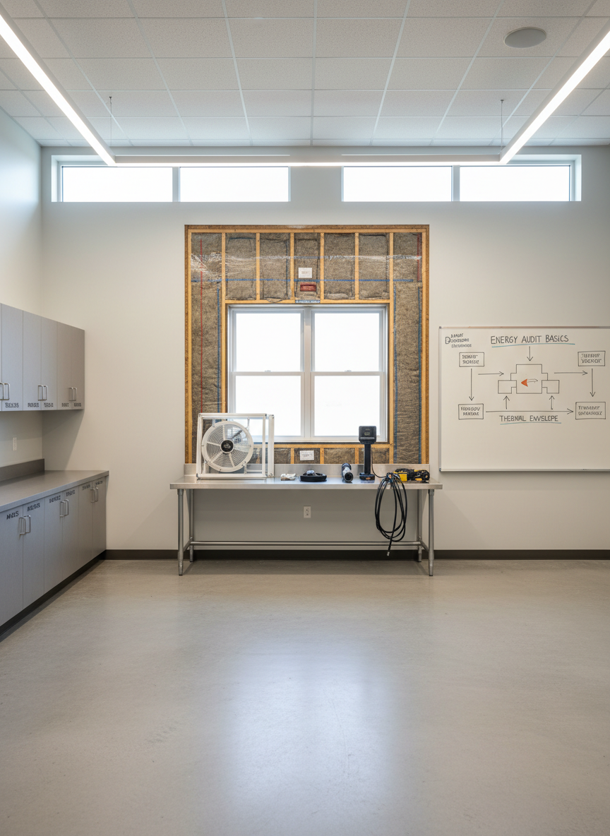 A modern training classroom focused on a central weatherization workstation, featuring a full-size wall cutaway showing insulation layers, air sealing materials, and energy-efficient windows in crisp detail. Clean workbenches hold neatly arranged diagnostic tools like blower door components, infrared camera, and duct testing equipment. The room is organized and uncluttered, with labeled storage cabinets and a large whiteboard showing a simplified energy flow diagram. Soft, even overhead lighting and a hint of daylight from high windows create a professional, calm atmosphere. Captured at eye level with photographic realism, the composition uses a wide angle to show the entire environment, maintaining sharp focus throughout for a clear, educational feel suited to a course registration website.